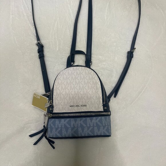 Michael Kors Rhea Mini Color-Block Logo Chambry/Navy Backpack - Picture 5 of 15